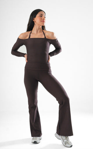 Shoulder talk long sleeve top- dark chocolate