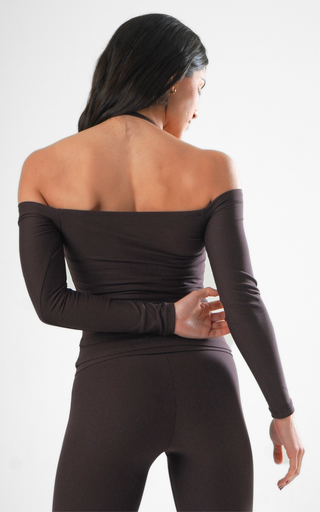 Shoulder talk long sleeve top- dark chocolate